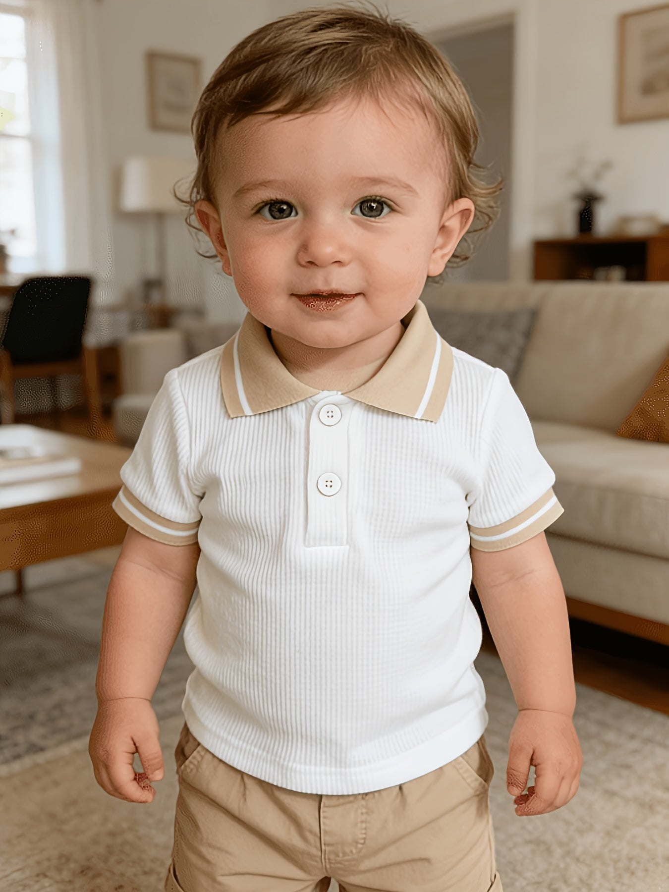 T-shirt polo bébé garçon tendance décontracté, polyvalent, col gaufré classique boutonné, semi-ouvert