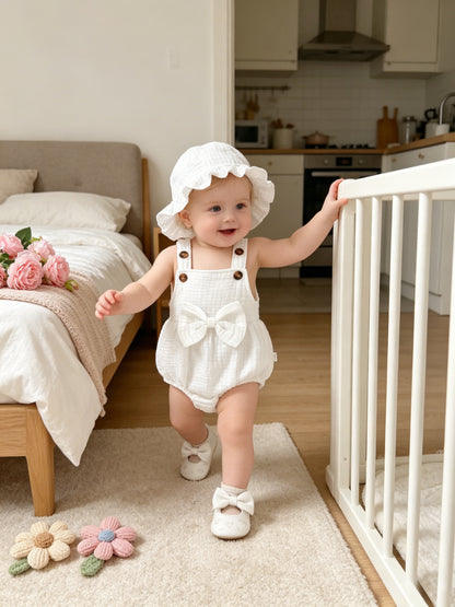 2pcs, Vêtements mignons pour bébés filles, Décontracté, élégant, doux et confortable, Ensemble combinaison et chapeau de couleur unie décoré de nœud, Articles pour bébés, Vêtements pour bébés filles nouveau-nées, Convient pour l'été pour un usage quotidie
