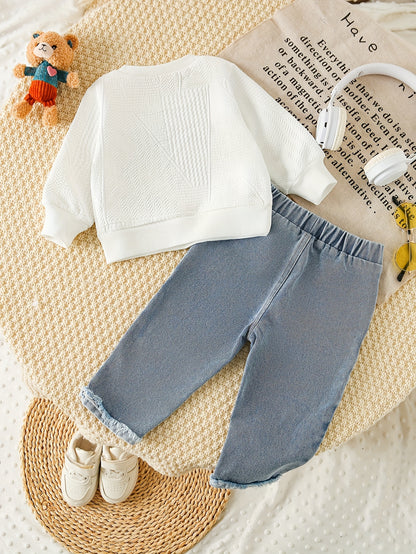 2 pièces Ensemble Denim Fille avec Haut Orné, Tissu à Poches Denim, Jeans Déchirés, Style Décontracté pour Tenue Casual, Idéal pour l'Extérieur