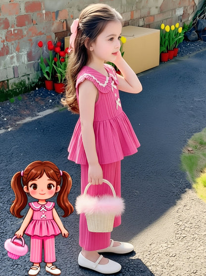 Ensemble 2 pièces pour petites filles, haut sans manches à col Peter Pan avec volants + pantalon large à texture, tenue décontractée d'été, ensemble de pantalons longs à la mode et ludiques pour filles, convient pour les sorties, les séances photo et les