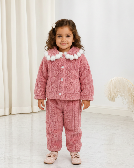 Ensemble pyjama rose en polyester texturé avec col à pompons blancs pour enfant par Le Cocon d'Or