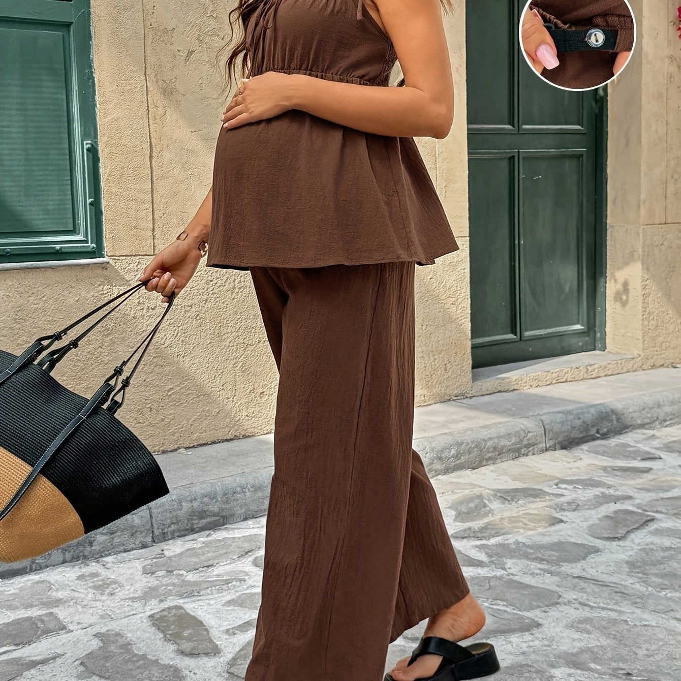 Ensemble 2 pièces : Débardeur et pantalon de maternité unis à bretelles spaghetti et noués dans le dos, décontractés, en tissu confortable, adaptés pour la maison, les trajets, les sorties, les réunions et les activités de plein air