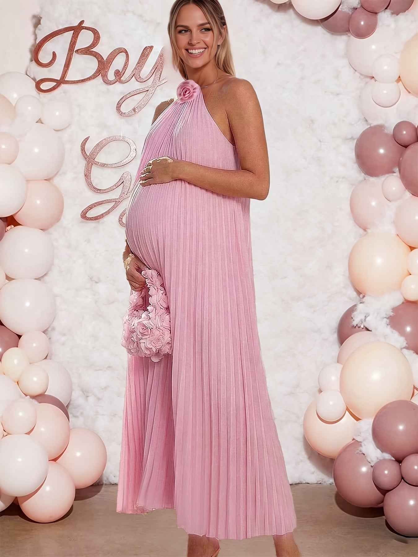 Robe longue maxi plissée à camisole de maternité avec embellissements floraux roses, robe longue fluide sans manches en A, adaptée aux baptêmes, séances photo et vêtements de grossesse