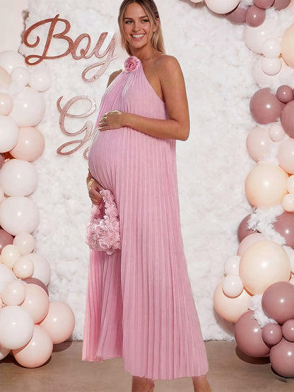 Robe longue maxi plissée à camisole de maternité avec embellissements floraux roses, robe longue fluide sans manches en A, adaptée aux baptêmes, séances photo et vêtements de grossesse
