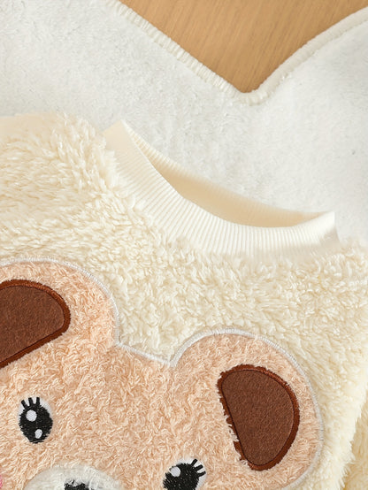 Ensemble Bébé Fille Automne et Hiver en Peluche avec Haut d'Ours Cartoon Mignon et Pantalon Long Polyvalent de Couleur Unie, Ensemble Pantalon Long Doux et Exquis pour Bébé Fille, Adapté à la Saison Scolaire et à la Rentrée Scolaire, Ensemble Pantalon Lon