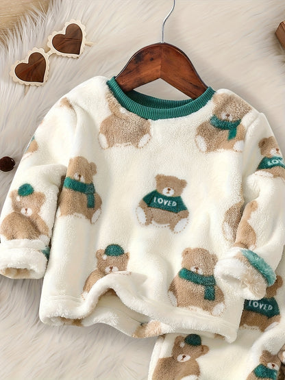 Ensemble 2 pièces : Haut sweatshirt douillet à motif ours pour bébé garçon et tout-petit + Pantalon chaud à taille élastique, Tenue automne/hiver, Pull décontracté sportif pour bébé garçon avec pantalon long chaud, Vêtements d'hiver, Vêtements pour enfant