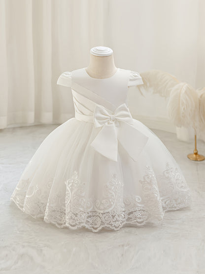 Nouvelle robe de 1er anniversaire avec nœud, jupe de princesse florale, tutu en tulle et maille pour enfants, robe de scène de piano pour filles, robe de princesse en maille brodée 3D