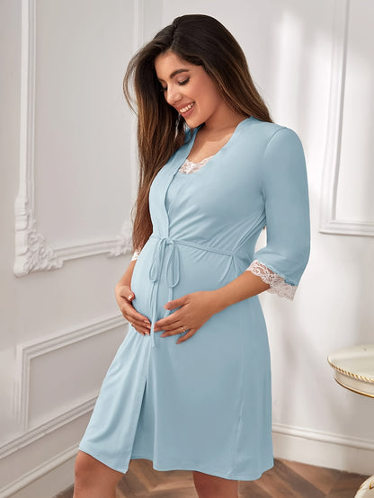 Pyjama de maternité  à dentelle, ensemble de 2 robes, chemise de nuit d'allaitement, tenue adaptée à l'allaitement, vêtement de maternité de printemps
