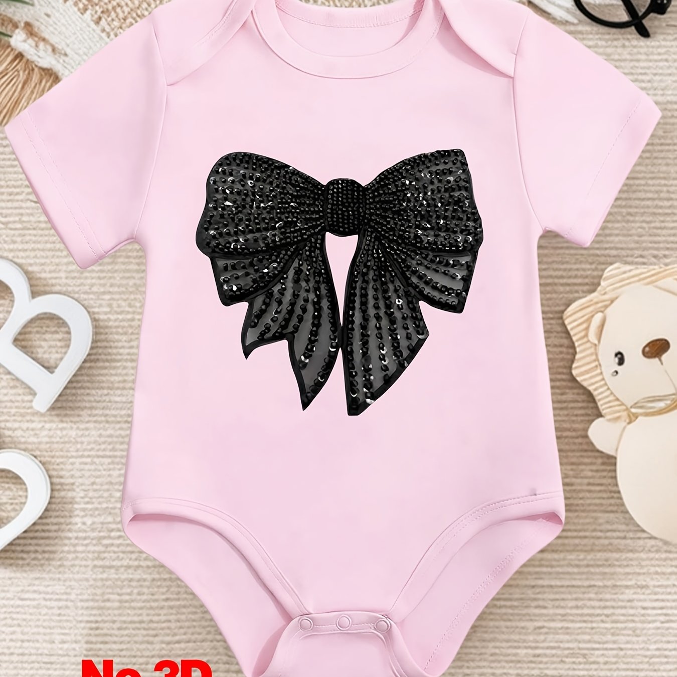 1 pièce Grenouillère bébé "Nœud à paillettes glamour", Barboteuse en coton, Combinaison bébé douillette, Coton respirant, Fermeture à boutons-pression, Vêtement essentiel pour nouveaux parents, Idéal comme cadeau d'anniversaire en plein air, Parfait pour