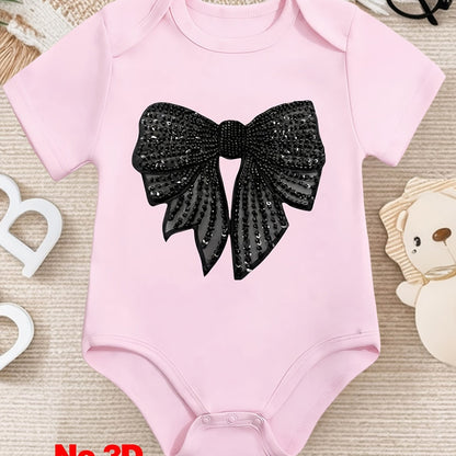 1 pièce Grenouillère bébé "Nœud à paillettes glamour", Barboteuse en coton, Combinaison bébé douillette, Coton respirant, Fermeture à boutons-pression, Vêtement essentiel pour nouveaux parents, Idéal comme cadeau d'anniversaire en plein air, Parfait pour