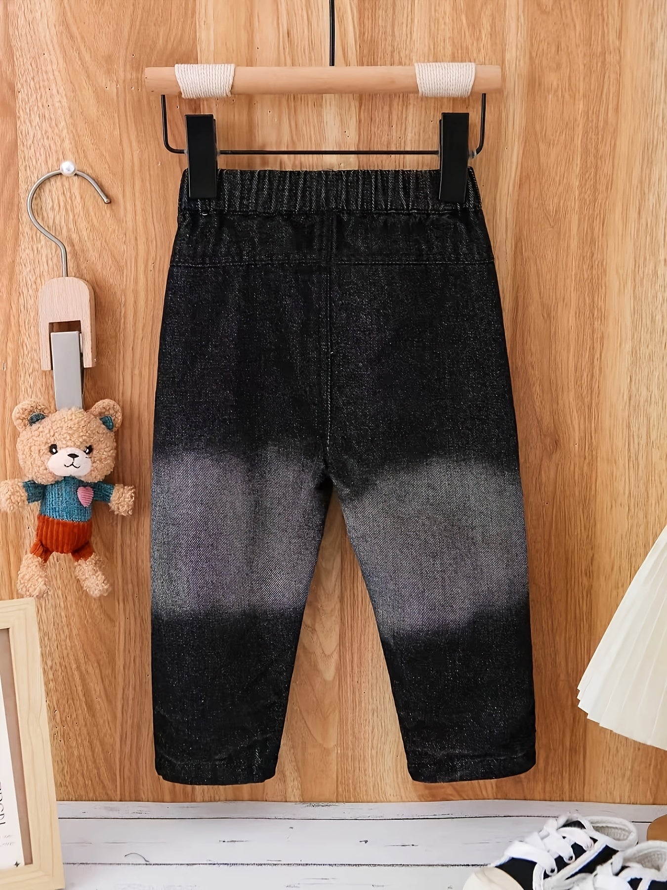 Pantalon garçon noir et gris dégradé aspect denim usé avec ceinture élastique - Pantalon décontracté ample, tissu non extensible, confort toutes saisons, poches
