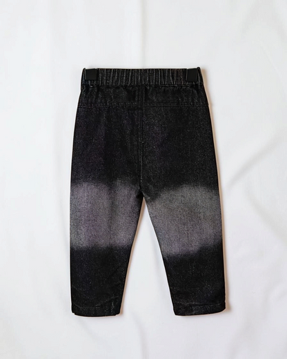 Pantalon Le Cocon d'Or pour bébé garçon en coton noir et gris dégradé style denim usé avec ceinture élastique