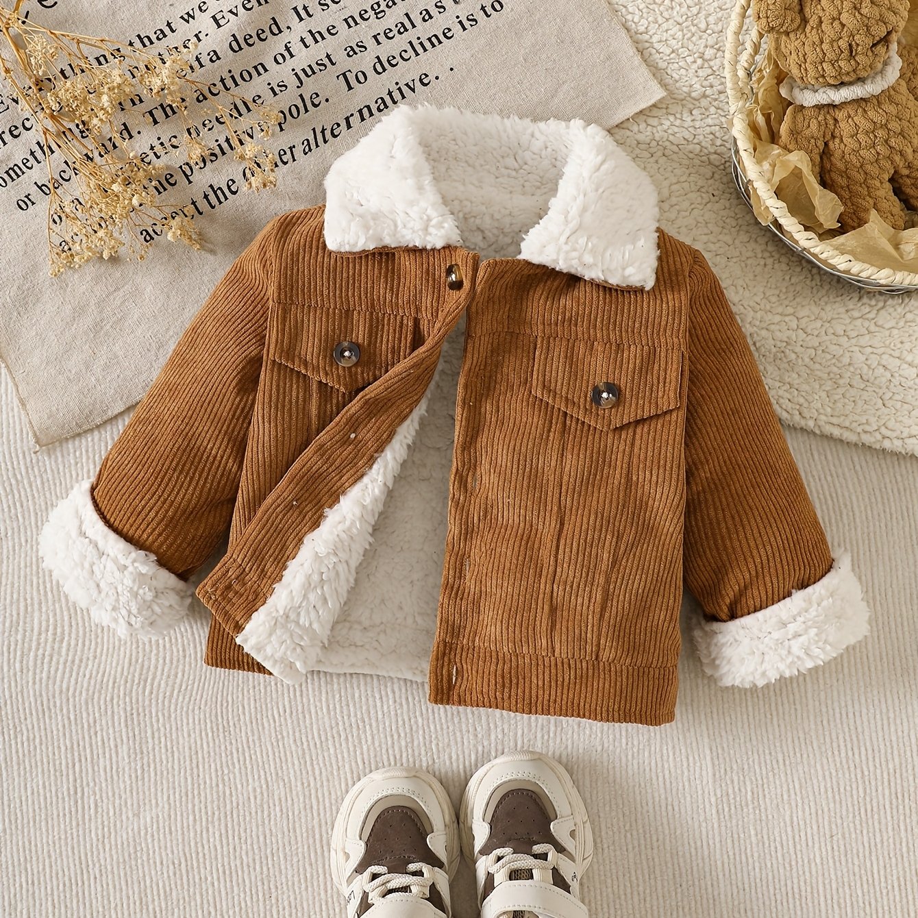 Veste Mignonne en Velours Côtelé Doublé en Peluche à Revers pour Garçon, Automne/Hiver, Pièce Unique de Couleur Unie, Vêtement d'Extérieur Formel, -froid et Chaude, Adaptée à un Usage Extérieur