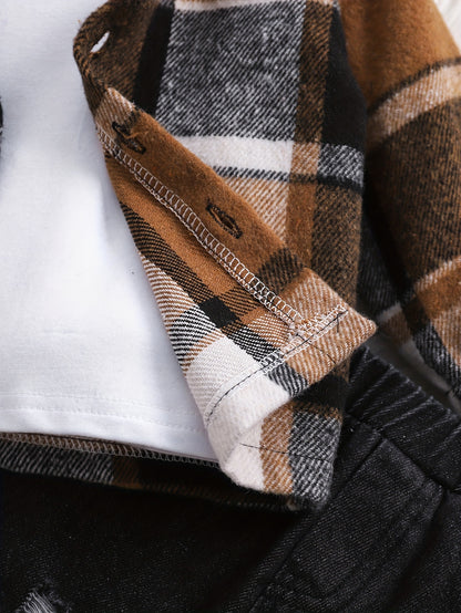2 pièces Haut à Capuche à Carreaux à Manches Longues pour Garçons + Pantalon en Jean, Ensemble Décontracté Deux Pièces Hoodie à Carreaux et Jeans pour Bébés Garçons, Idéal pour Fêtes, Cadeaux et Sorties Quotidiennes, Parfait pour l'Extérieur