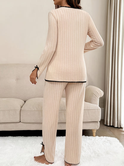 Ensemble de détente de maternité 2 pièces avec bordure contrastée et nœud, haut à manches longues et pantalon