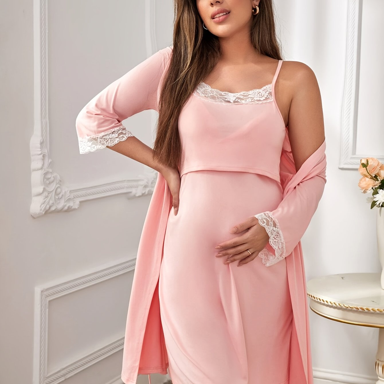 Pyjama de maternité  à dentelle, ensemble de 2 robes, chemise de nuit d'allaitement, tenue adaptée à l'allaitement, vêtement de maternité de printemps