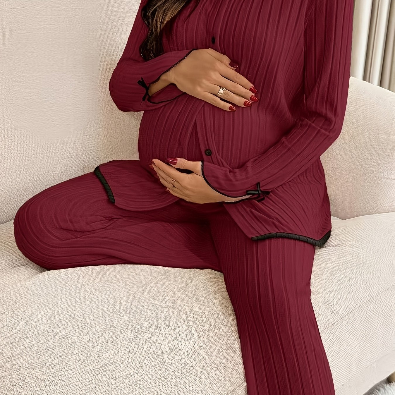 Ensemble de détente de maternité 2 pièces avec bordure contrastée et nœud, haut à manches longues et pantalon