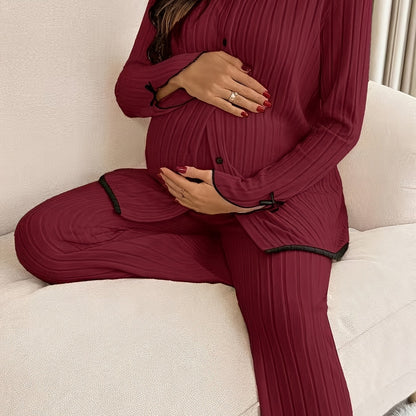 Ensemble de détente de maternité 2 pièces avec bordure contrastée et nœud, haut à manches longues et pantalon
