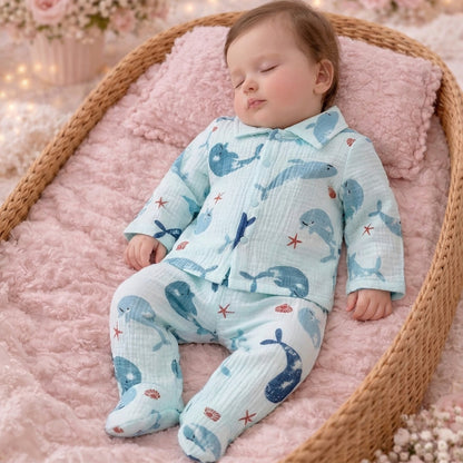 Ensemble de gaze imprimé sur le thème de la vie marine pour bébés et tout-petits, printemps et automne, unisexe, bleu clair, motif animal, manches longues et pantalon à pieds, tenue 2 pièces, cardigan à revers à bouton simple pour nourrissons de 1 à 9 moi
