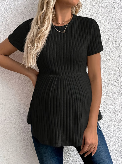 Robe de maternité couleur unie col rond manches courtes tricot côtelé à volants, nouveaux produits tendance printemps et été, pull élégant et confortable lavable en machine, robe d'allaitement à manches courtes