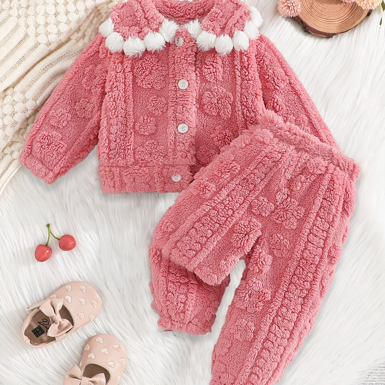 Ensemble deux pièces pour bébé fille automne/hiver, comprenant un haut à col perlé et un pantalon rose doux et mignon en maille à l'aiguille, tissage délicat, mignon et confortable pour une bébé adorable, conception épaissie pour une super chaleur, idéal