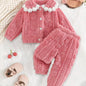 Ensemble deux pièces pour bébé fille automne/hiver, comprenant un haut à col perlé et un pantalon rose doux et mignon en maille à l'aiguille, tissage délicat, mignon et confortable pour une bébé adorable, conception épaissie pour une super chaleur, idéal