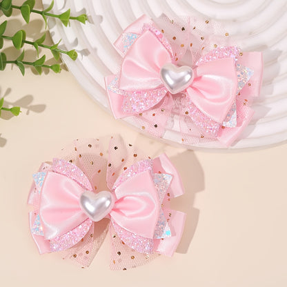 2 pièces Élégants Barrettes à Nœud Cœur pour la Saint-Valentin, Mini Barrettes à Nœud Cœur Décorées, Accessoires à Nœud Pailletés pour Princesse, Cadeaux pour Filles, Saint-Valentin