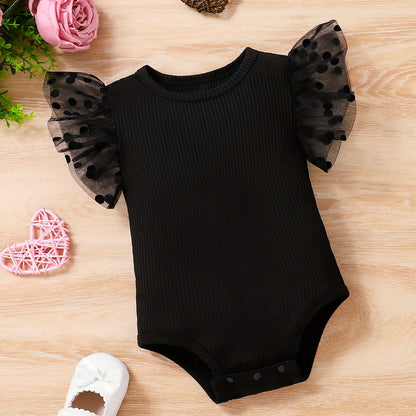 Combinaison Décontractée pour Bébé Fille Été Européen et Américain, Rayures Unies + Manches en Dentelle, Tendance et Confortable, Idéale pour l'Extérieur