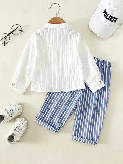 Ensemble chemise à manches longues et pantalon uni et à rayures pour garçon, adapté à un usage quotidien, idéal pour les sorties décontractées, les vacances et le sport. Le tissu léger convient à l'été et à l'automne, parfait pour l'extérieur