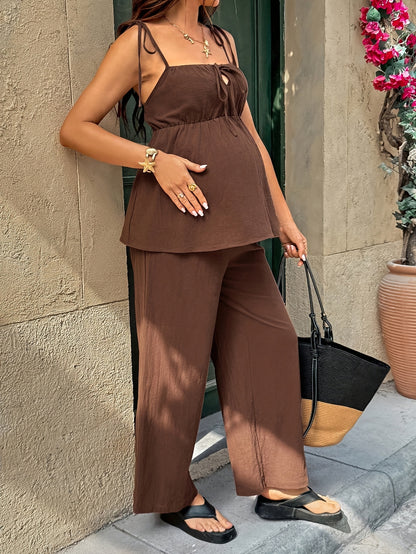 Ensemble 2 pièces : Débardeur et pantalon de maternité unis à bretelles spaghetti et noués dans le dos, décontractés, en tissu confortable, adaptés pour la maison, les trajets, les sorties, les réunions et les activités de plein air