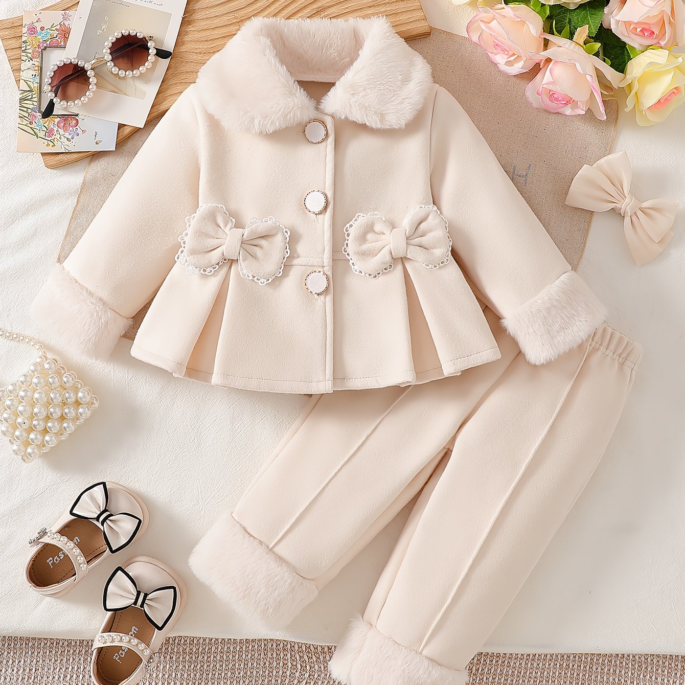 Ensemble pantalon pour fille style mignon automne/hiver, haut à revers en peluche avec patte de boutonnage, nœuds double face, mignon et chaud, pour sorties quotidiennes, séances photo, voyages, rentrée scolaire, cadeaux d'anniversaire, Halloween, parfait