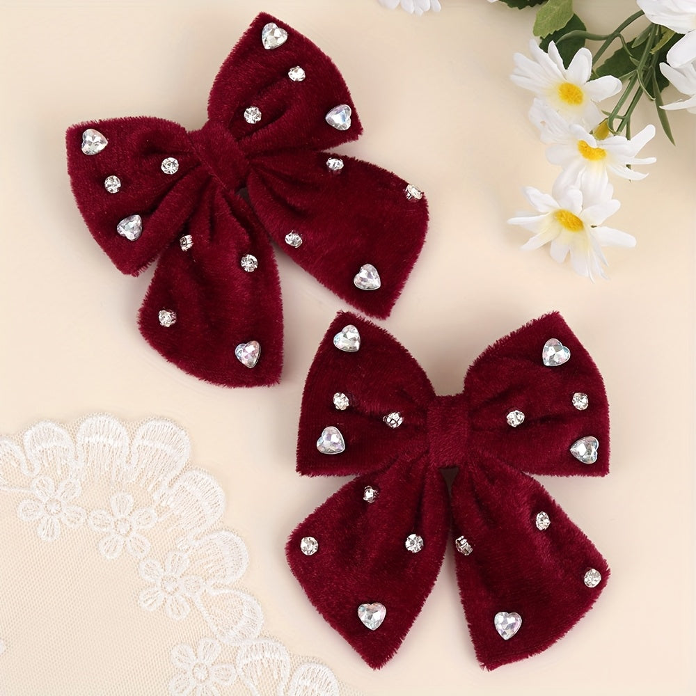2pcs Pinces à Cheveux Nœud en Velours Doux pour Nœuds en Velours Rouge Foncé avec Design de Strass, Épingles à Cheveux Élégantes pour un Usage Quotidien