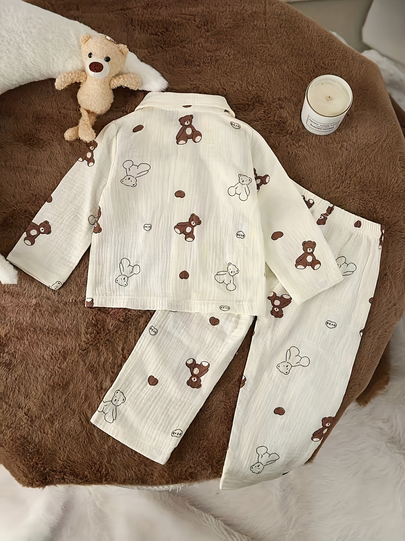 Ensemble 2 pièces pour bébé en crêpe double épaisseur, comprenant un haut à manches longues avec col et imprimé mignon de dessin animé/fruits, et un pantalon long, doux pour la peau et respirant, idéal pour l'extérieur