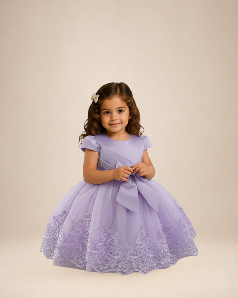 Petite fille portant une robe de cérémonie Le Cocon d'Or lilas en tulle avec broderies et manches volantées
