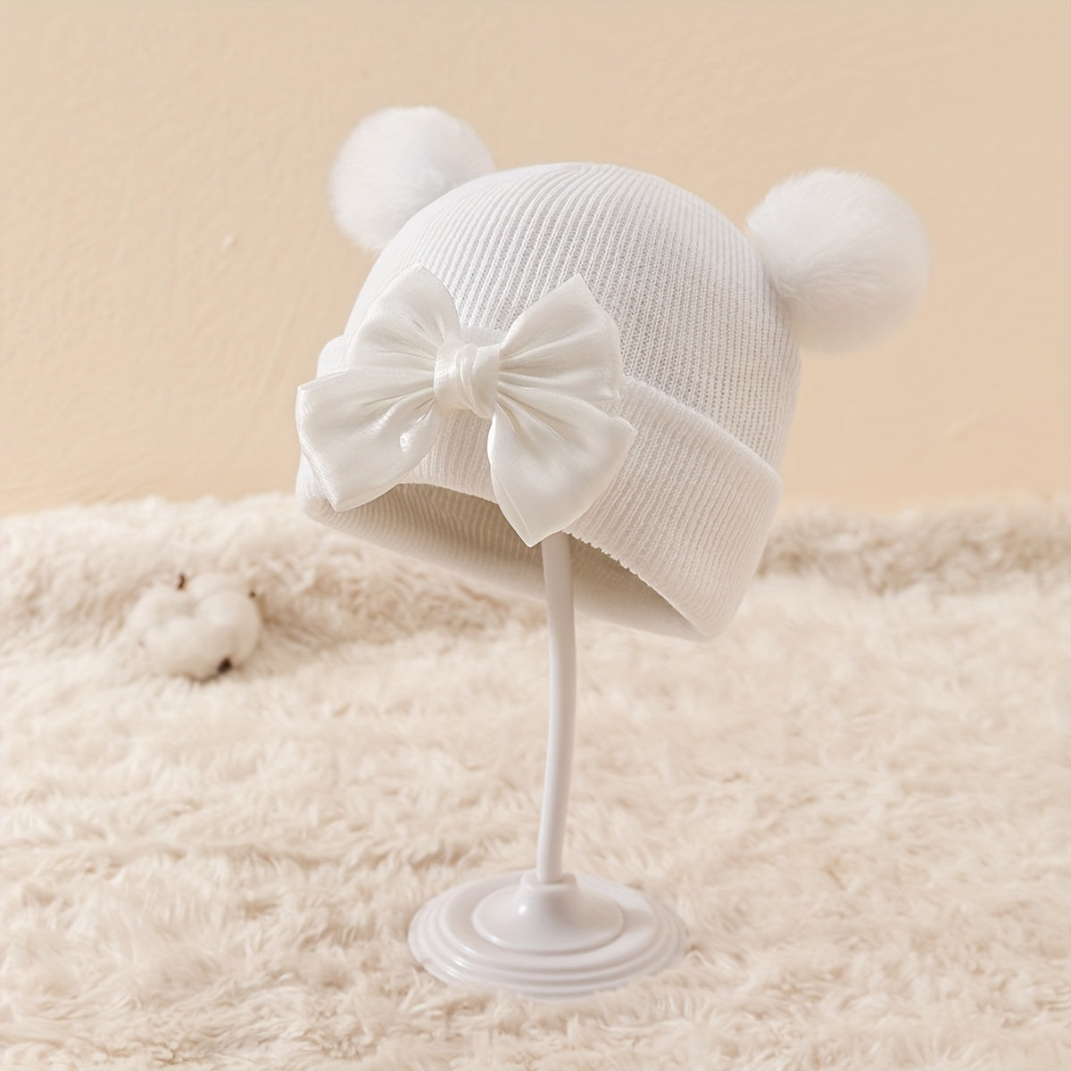 Chapeau tricoté automne-hiver avec double pompon et grand nœud mignon, cadeau de Nouvel An