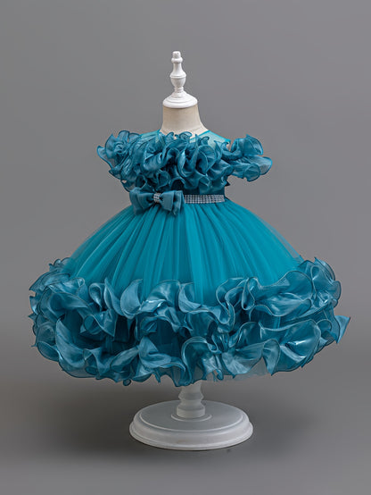 Robe de Princesse Élégante pour Filles avec Corsage à Volants et Jupe Évasée - Tenue Formelle en A-Ligne avec Taille Perlée pour Mariages, Fêtes, Spectacles - Lavage à la Main Uniquement, Vêtements de Scène | Matière Non Extensible, Robes de Princesse pou