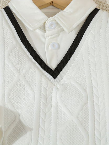 1pc de Polo en Tricot Longue Manches à Revers Simple Boutonnage Style Britannique Faux Deux Pièces Jacquard pour Bébé Garçon, Pull en Tricot Blanc pour Nouveau-né, Chemise Décontractée Douce et Confortable, Adaptée aux Activités de Plein Air, au Port Quot