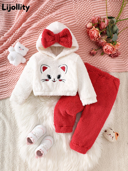 Ensemble 2 pièces tendance automne-hiver pour bébé fille : haut en peluche à capuche brodé avec motif chat et nœud 3D, et pantalon long contrasté, idéal pour les activités de plein air, le quotidien, cadeau parfait pour les nouveau-nées.