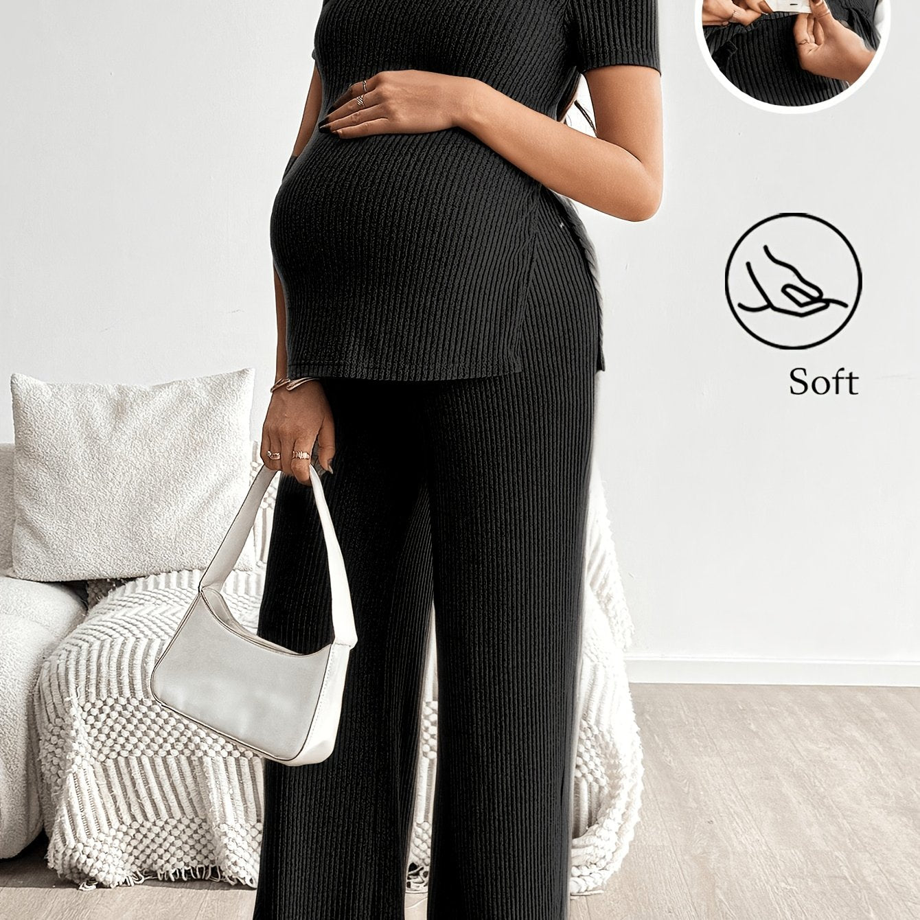 Ensemble deux pièces de maternité décontracté côtelé, haut à manches courtes et pantalon, conception de haut long sur le devant et court sur le dos, conception de haut à fente, ensemble deux pièces de maternité, ensemble deux pièces tricoté, ensemble de m