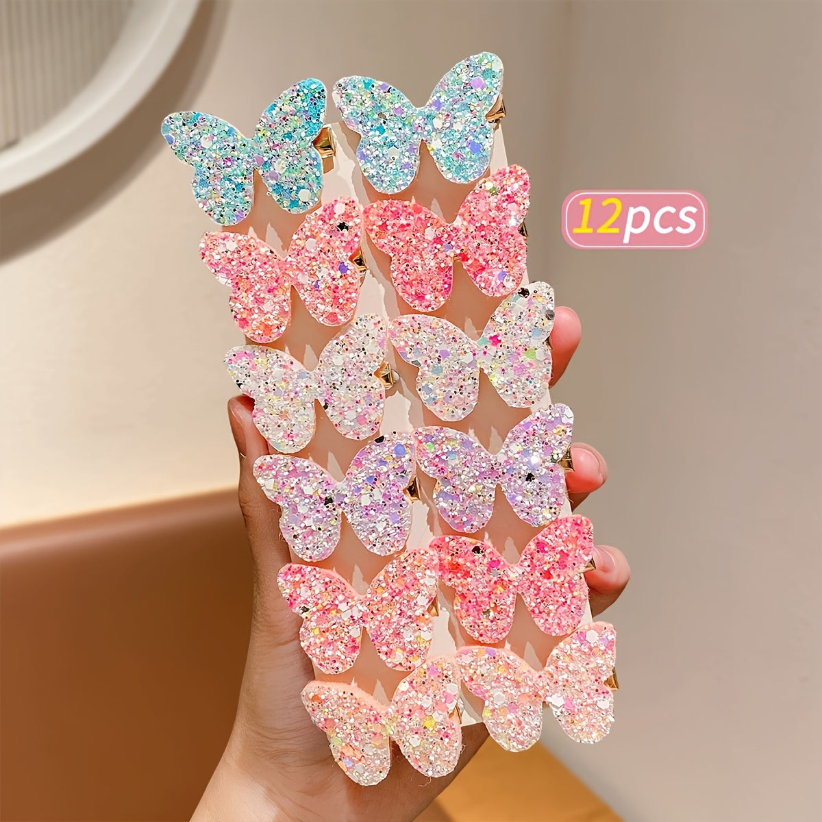 Lot de 12 pinces à cheveux ultra-éthérées et ultra-scintillantes papillon, cœur et couronne - Pinces à cheveux douces et exclusives à paillettes pour frange