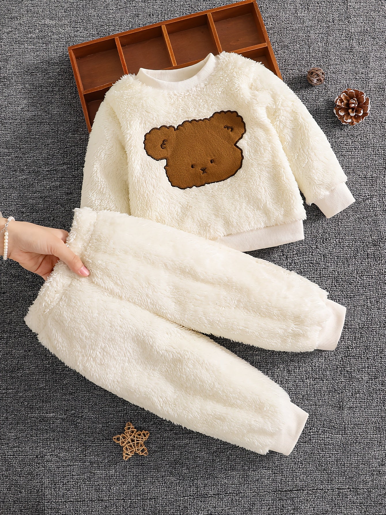 Vêtements unisexe pour bébé, ensemble 2 pièces doux et chaud avec imprimé tête d'ours en peluche, tenue de tous les jours pour la maison et l'extérieur