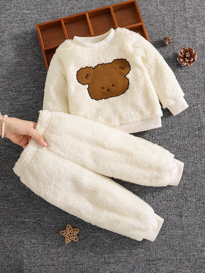 Vêtements unisexe pour bébé, ensemble 2 pièces doux et chaud avec imprimé tête d'ours en peluche, tenue de tous les jours pour la maison et l'extérieur