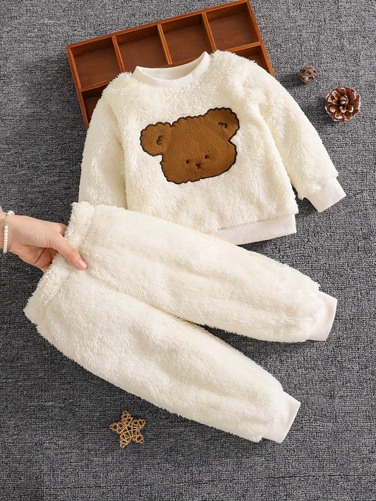 Vêtements unisexe pour bébé, ensemble 2 pièces doux et chaud avec imprimé tête d'ours en peluche, tenue de tous les jours pour la maison et l'extérieur