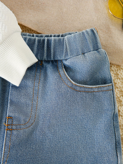 2 pièces Ensemble Denim Fille avec Haut Orné, Tissu à Poches Denim, Jeans Déchirés, Style Décontracté pour Tenue Casual, Idéal pour l'Extérieur