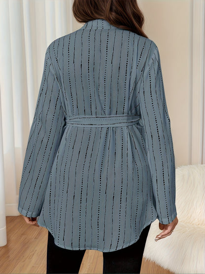 Chemise de maternité rayée à manches enroulables, boutonnée simple, mi-longue, avec ceinture élastique