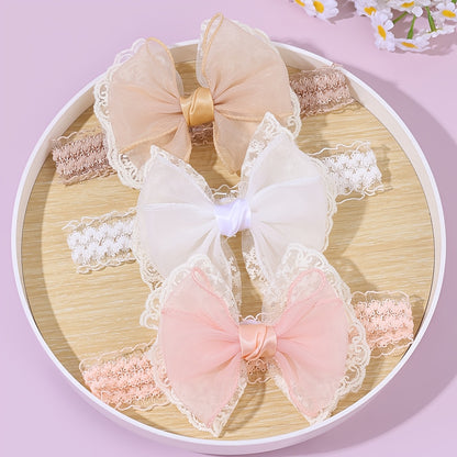 Ensemble de 3 bandeaux à nœud en dentelle douce, bandeaux à cheveux en maille avec bordure en dentelle, bandeau doux en tissu, bande élastique en rose nude et blanc pour fêtes d'anniversaire, sorties décontractées