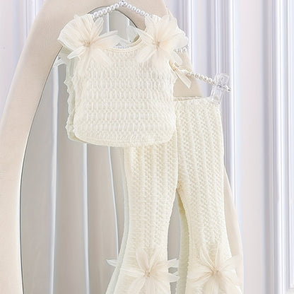 Ensemble de pantalon long pour fille pour la rentrée scolaire, style été, appliqué beige-abricot avec taille élastique des deux côtés et haut à col rond + pantalon long évasé et coupe ajustée de couleur assortie, ensemble 2 pièces en tissu spécial sportif