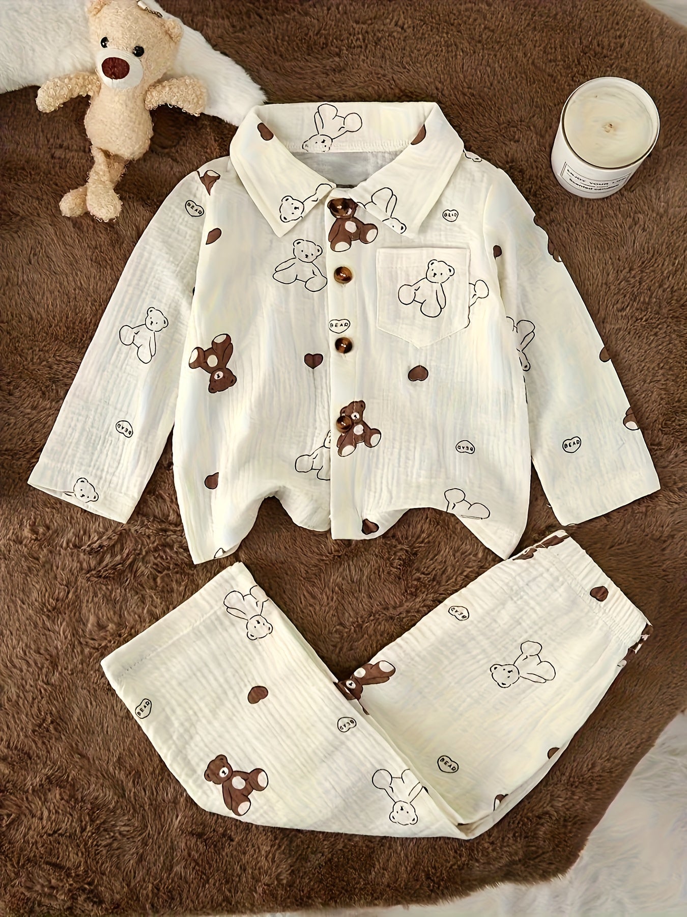 Ensemble 2 pièces pour bébé en crêpe double épaisseur, comprenant un haut à manches longues avec col et imprimé mignon de dessin animé/fruits, et un pantalon long, doux pour la peau et respirant, idéal pour l'extérieur