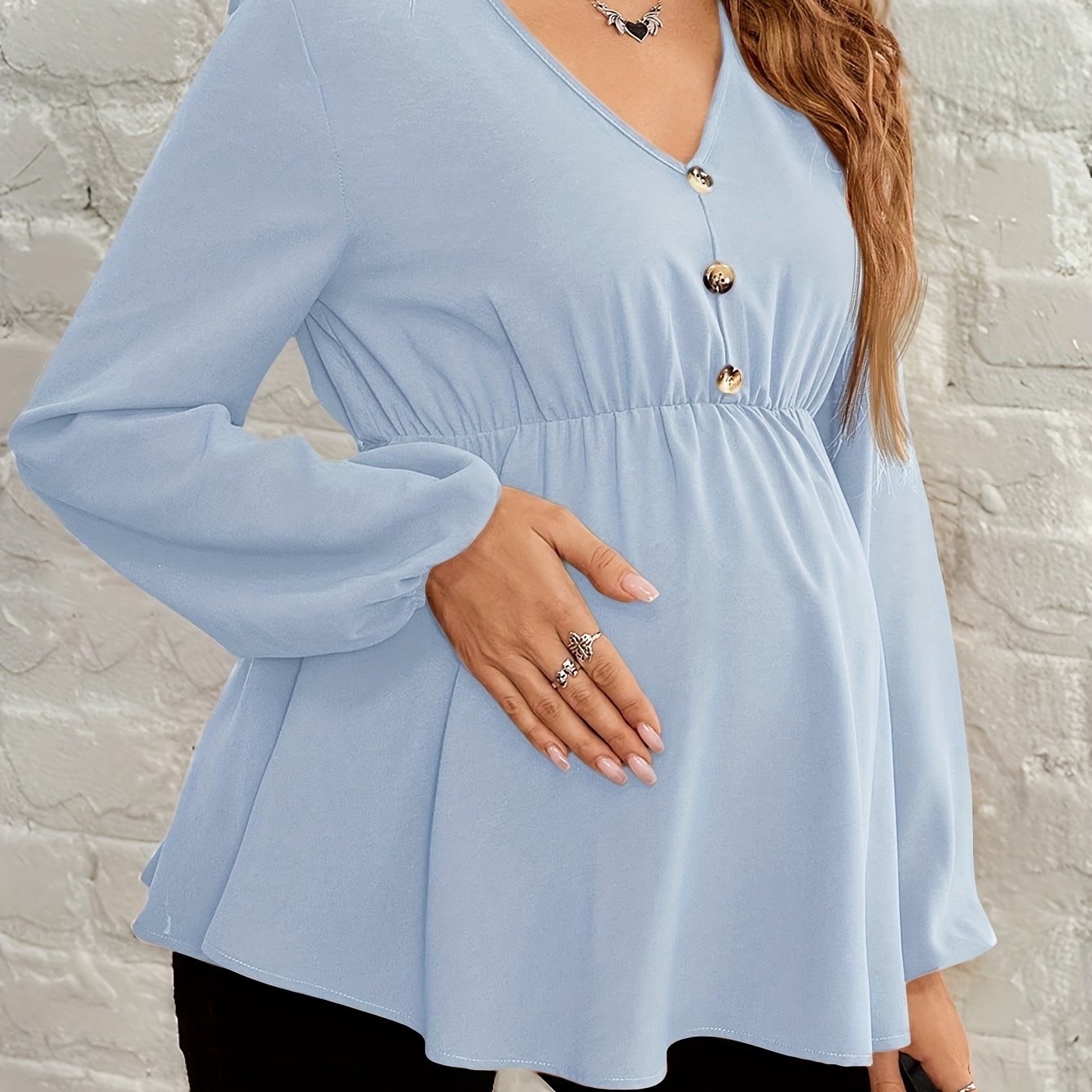 Chemise de Maternité Col V Manches Longues Boutonnée Coupe Ample Couleur Unie Lavable en Machine Haut Confort Décontracté pour Femme Printemps/Automne