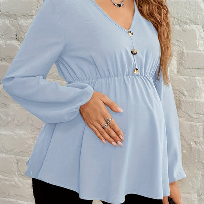 Chemise de Maternité Col V Manches Longues Boutonnée Coupe Ample Couleur Unie Lavable en Machine Haut Confort Décontracté pour Femme Printemps/Automne